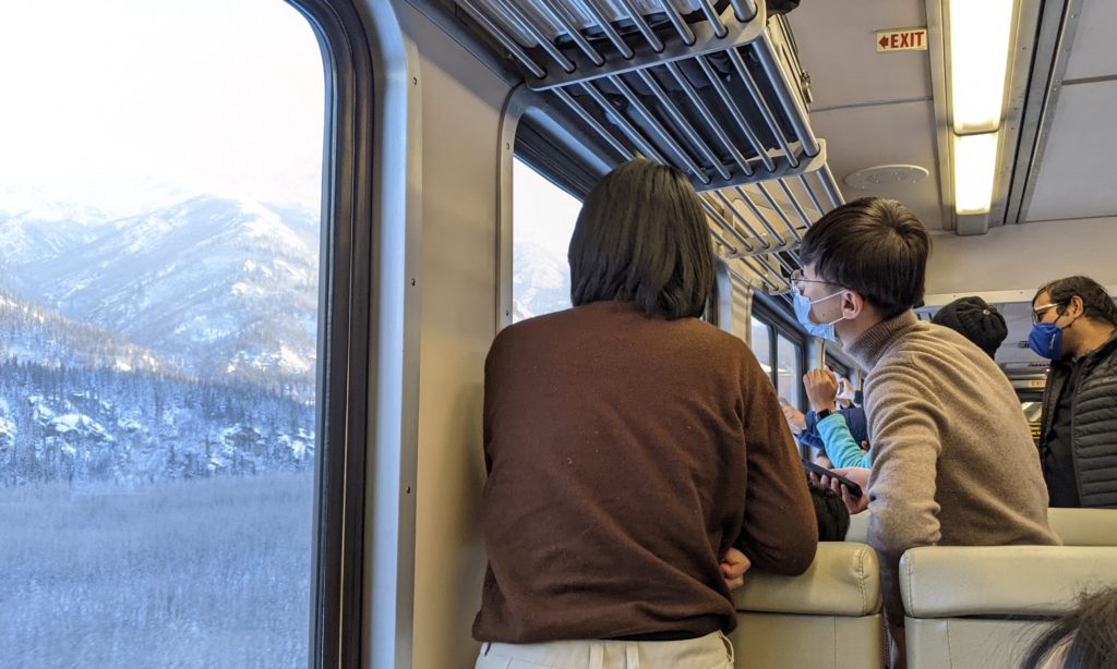 Passengers on the Alaska Railroad look out their window to see Mt. Denali, Alaska.