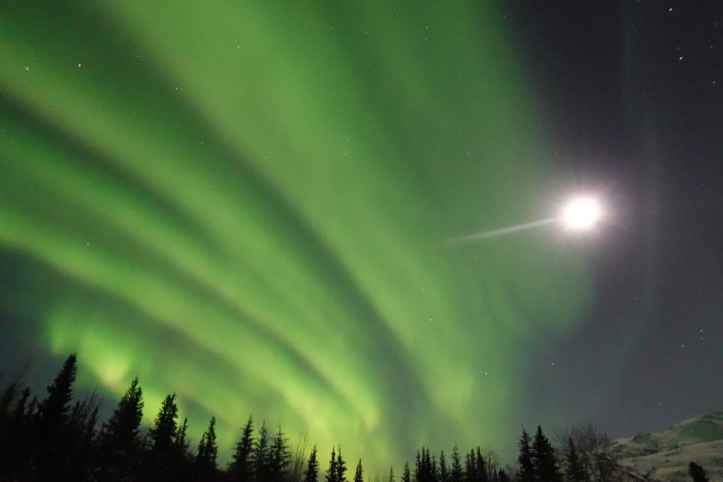 Aurora Borealis and full moon seen over Wiseman, Alaska.