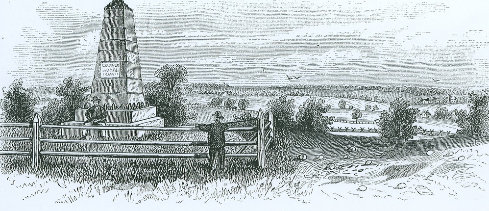 A 19th century sketch of the Deep Cut Monument at Manassas, Virginia.