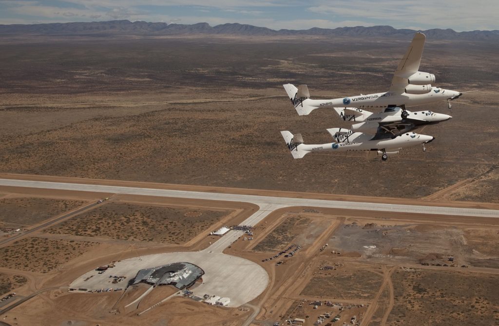 first test flights to Spaceport America by spaceships Whiteknight2 and Spaceship2. Photo c. Spaceport America