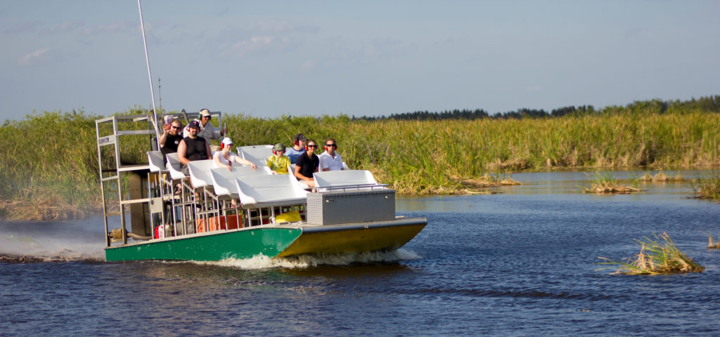 A group rides an airboat through the Everglades marshland of Florida.