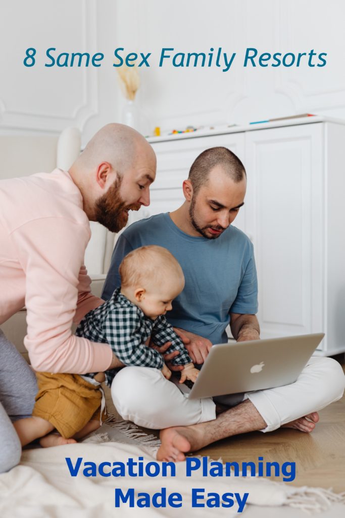 Two men with a baby look at a computer.