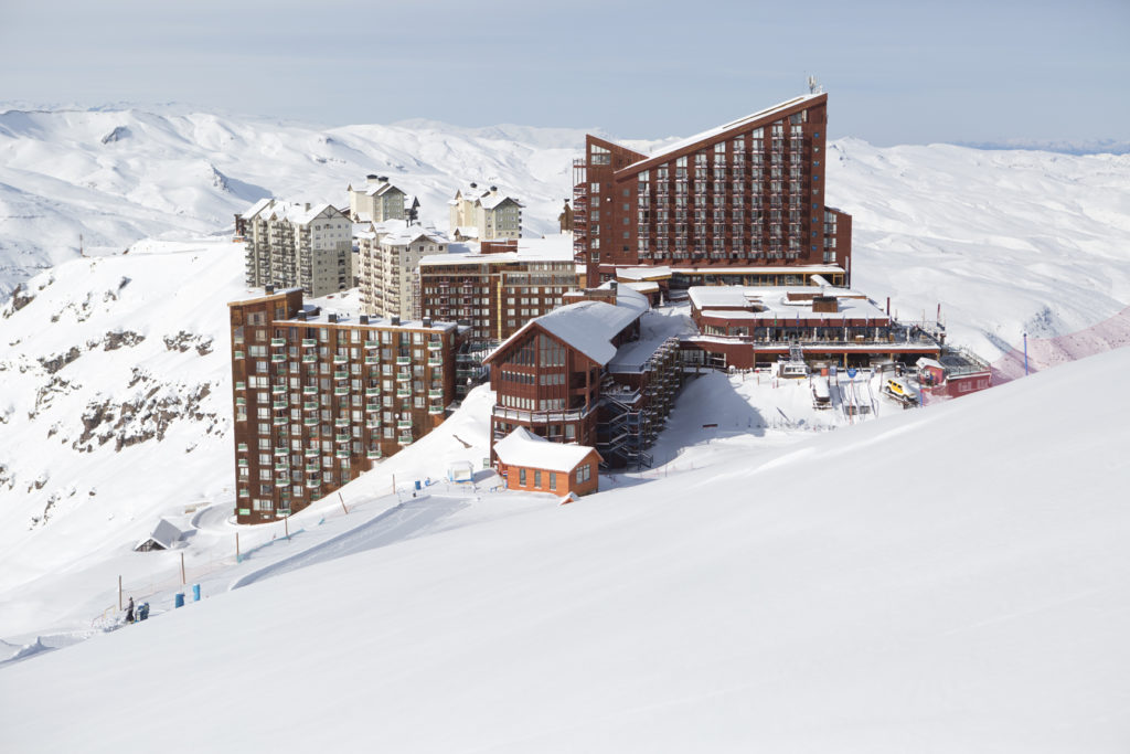 Modern base village of Valle Nevado ski resort in Chile.