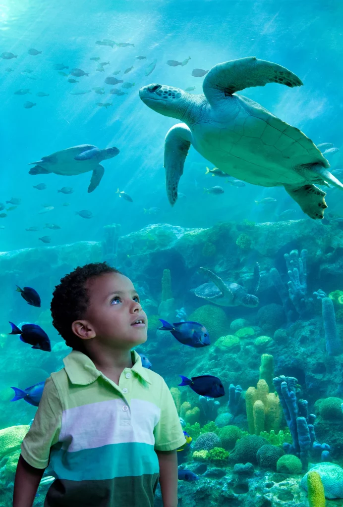Boy watches turtles swim by behind a glass wall at Turtle Trek in SeaWorld Orlando.