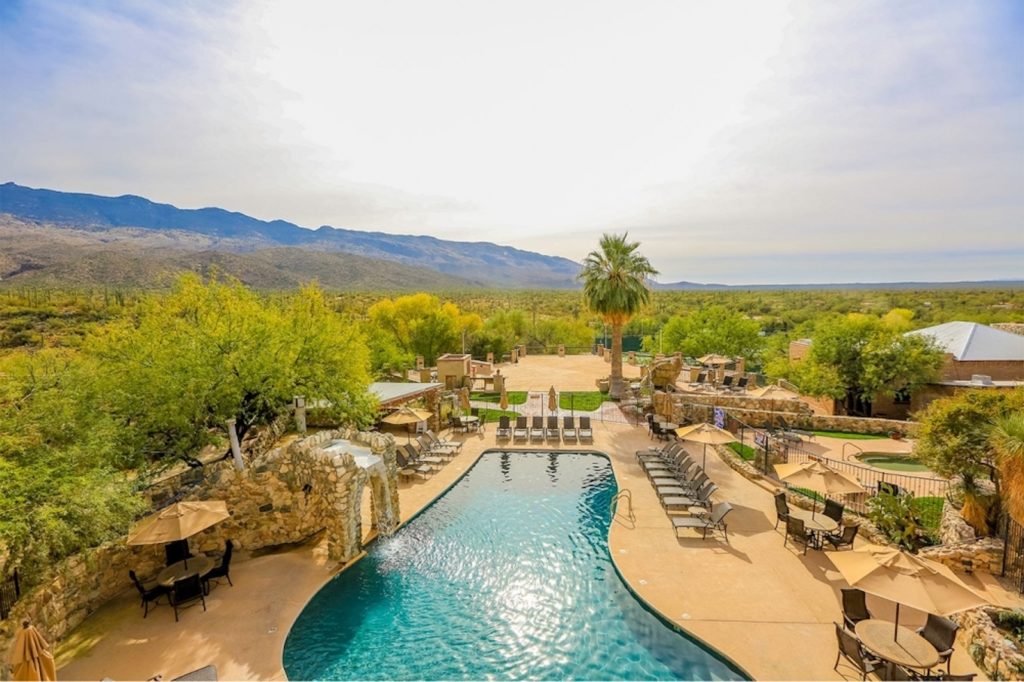 Aerial view of swimming pool at Tanque Verde Guest Ranch in Arizona.