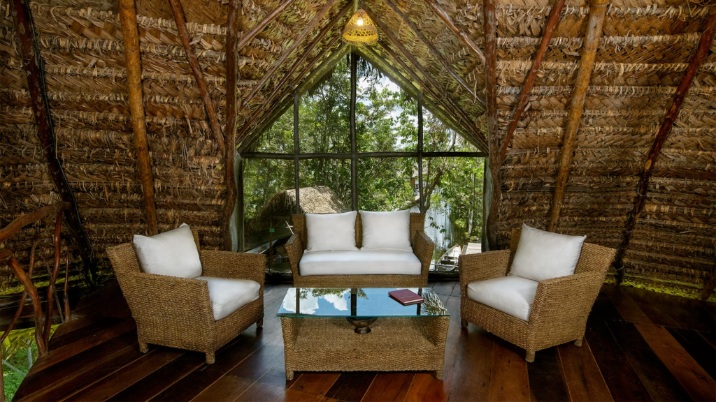 Thatch and woven straw lounge at the Sacha ecolodge in the Amazon.