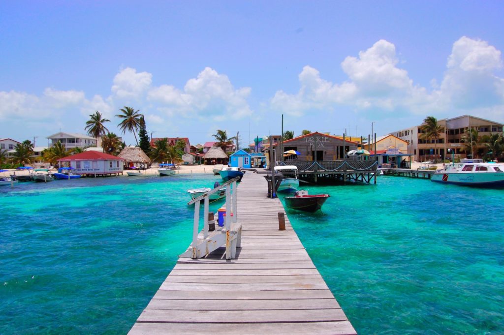 This pier leads to the port of San Pedro on Ambergris Caye, a small islet off the coast of Bellize.