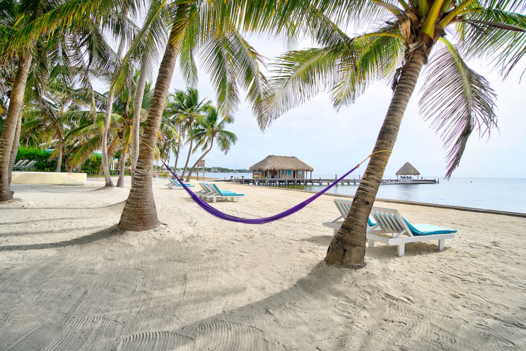 Combed sand beach with hammocks and beach chairs overlook sea at Victoria House in Belize