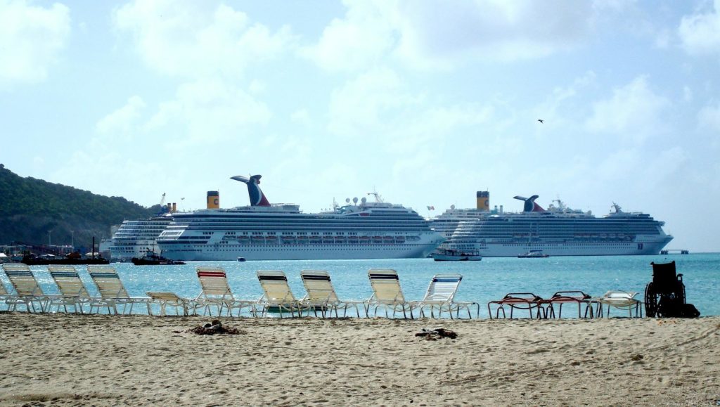 Carnival ships plying the Caribbean are moored at the port of St. Thomas in the USVI.