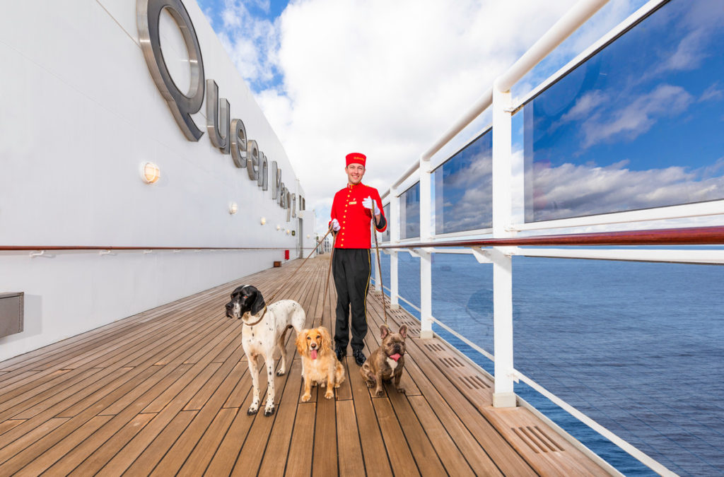 Queen Mary 2 deckhand walks three dogs on deck of the ship while at sea.