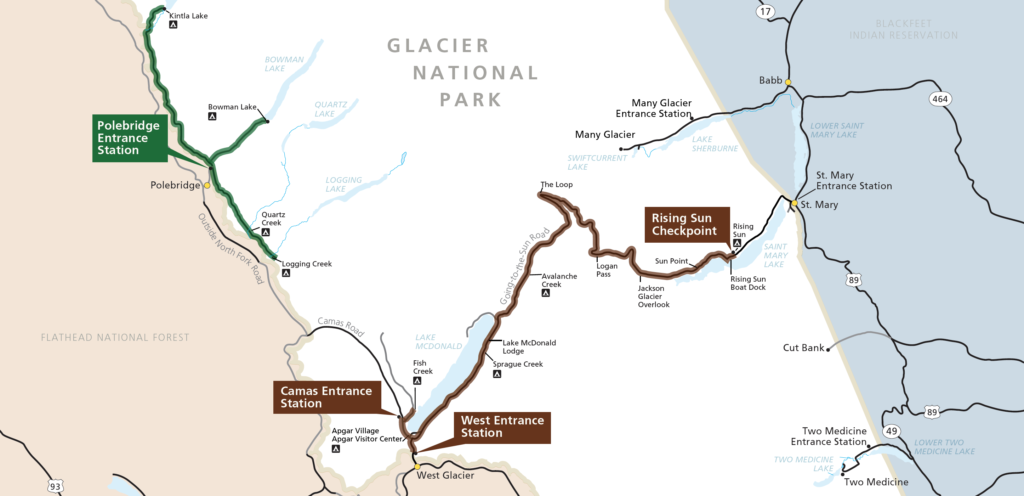 Map of the most scenic roads in Montana's Glacier National Park.