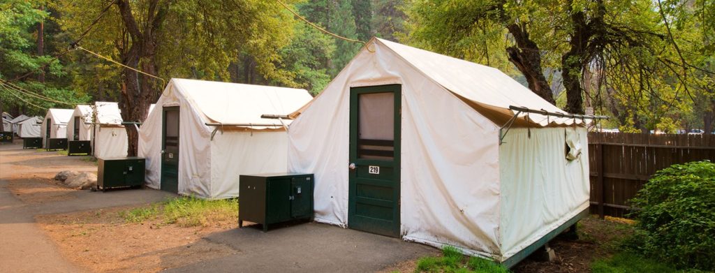 A line of fixed tents at Curry Village at Yosemite National Park.