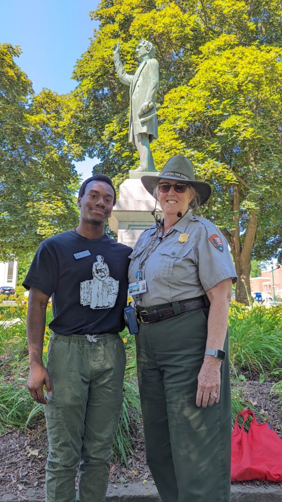 National Park Service guides Justin and Kim lead the Harriet Tubman walking tour.