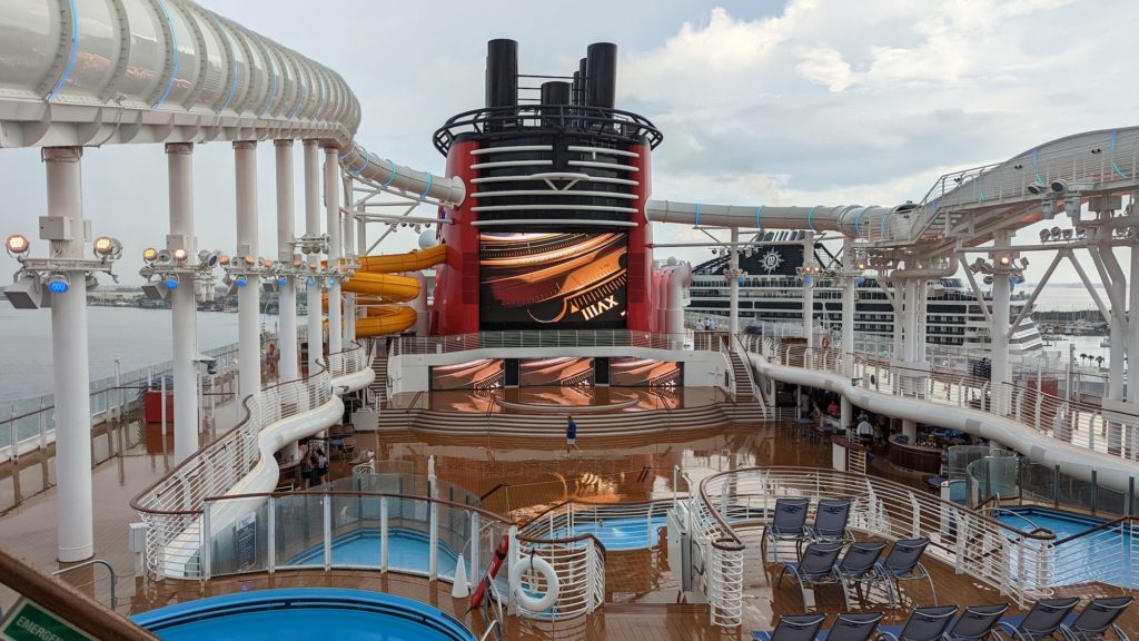 White tube conceals Aquamouse coaster above Deck 12 on Disney Wish cruise ship.