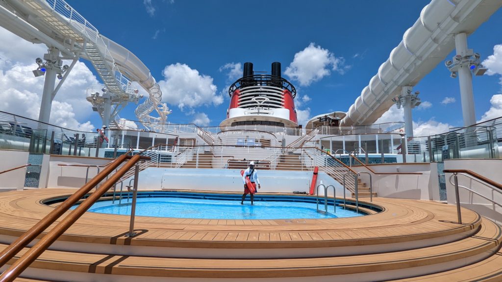 Lifeguard stands in a family pool aboard the Disney Wish cruise ship.