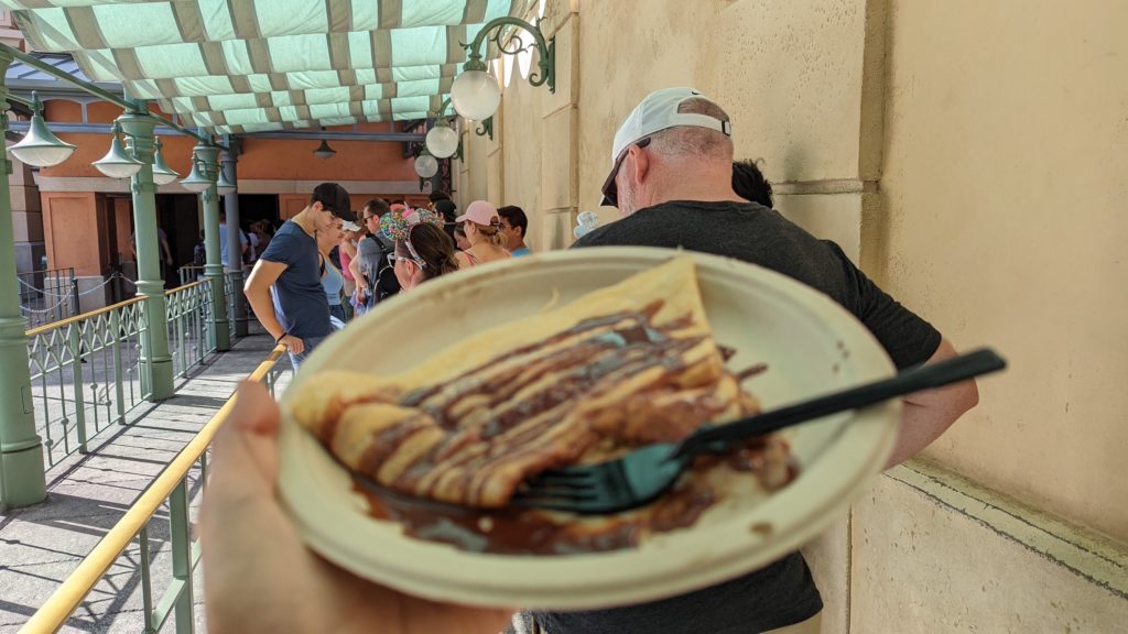 Close up plate of crepes with nutella at Walt Disney World France Pavilion.