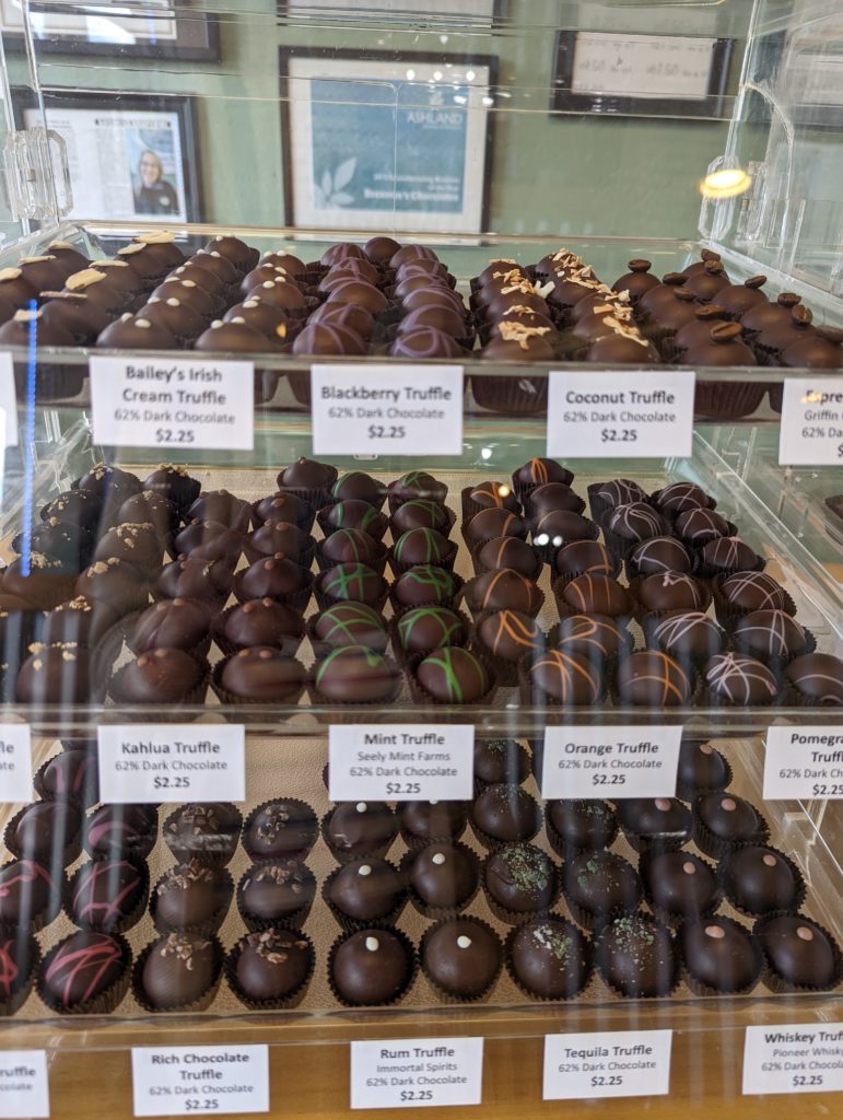 Case of handmade chocolate truffles at Branson's, a favorite chocolatier in Ashland, Oregon.
