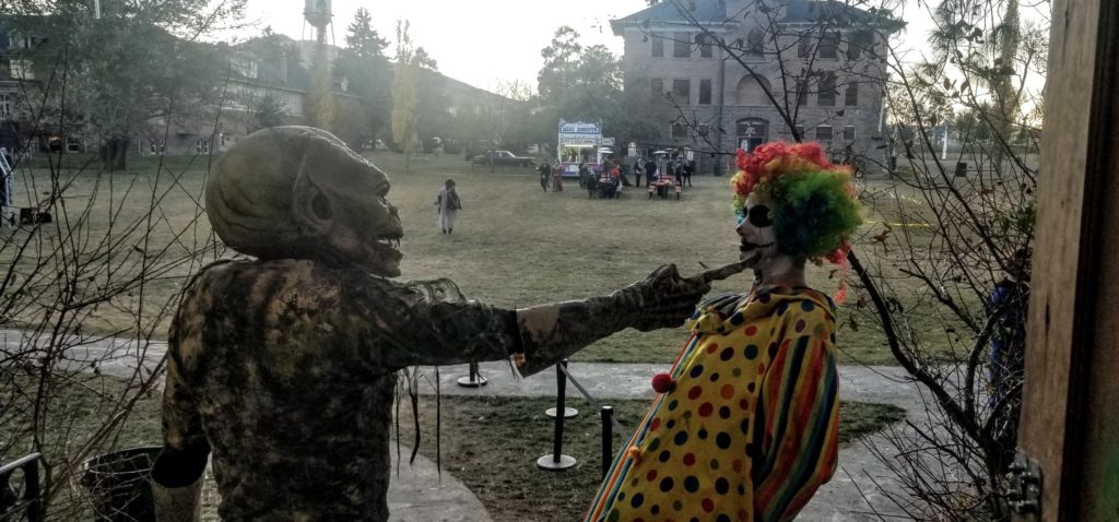 Alien and clown mix it up at the Haunted Mansions of Albion in Idaho. Photo c. Visit Idaho.