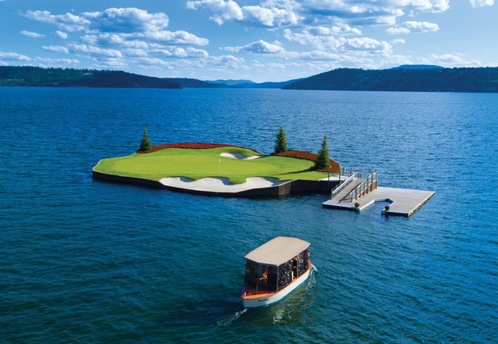 A challenging, mid-lake hole at the Coeur d'Alene Spa & Golf Resort in Idaho. Photo c. Coeur d'Alene Resort.
