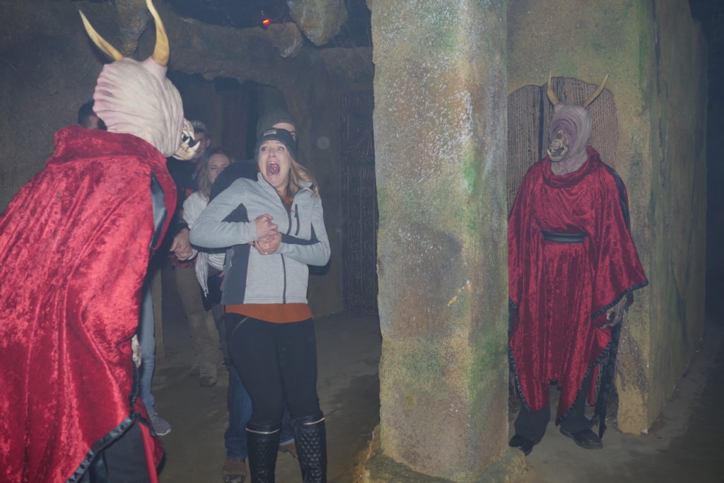 Terrified guests encounters monsters at Scarywood, the Halloween event at Silverwood theme park in Coeur d'Alene, Idaho. Photo c. Silverwood.