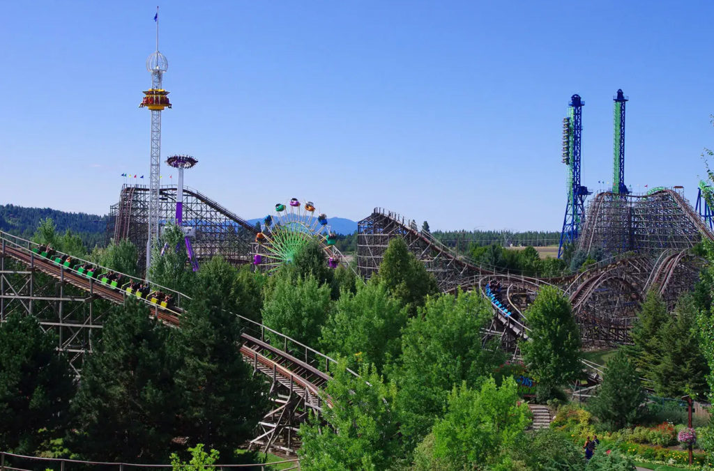 Aerial view of the Silverwood theme park, one of northern Idaho's most popular summer destinations. Photo c. Silverwood Theme Park.