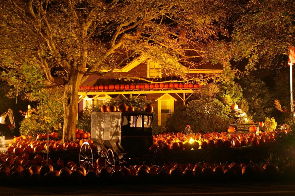 Brightly lit house decorated with lights and hundreds of pumpkins for Halloween.