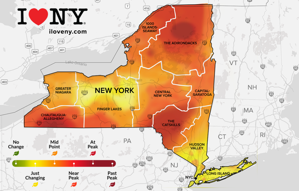 New York State map of peak fall foliage around Columbus Day in 2021. Photo c. NY State Division of Tourism - I Love NY