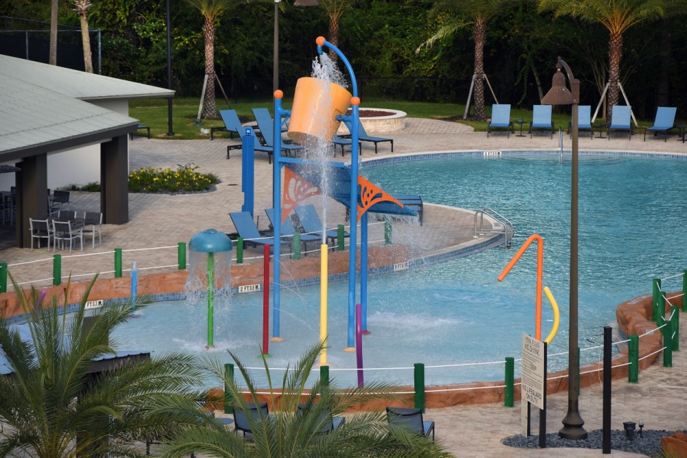Interactive splash park by the pool at the Wyndham Garden Inn near Disney Springs, Orlando, Florida.
