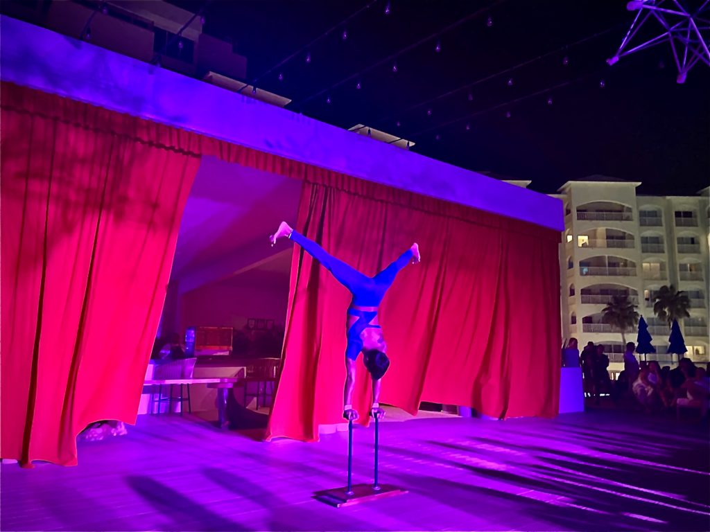 Acrobat at the Circus show at Royal Uno Resort in Cancun, where the nightly entertainment is truly terrific.