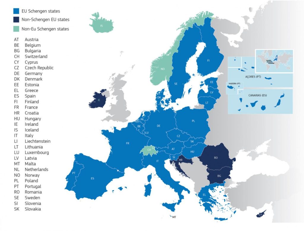 Map of Schengen Zone in Europe