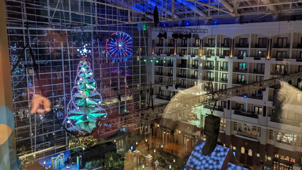 The Gaylord National Harbor atrium is illuminated by LED projections and more during the holiday ICE! show.