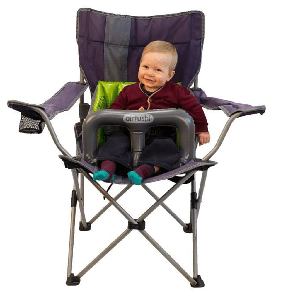 An inflatable AirTushi seat serves as a highchair when you're dining out or enjoying room service, and a booster when you're flying with baby.