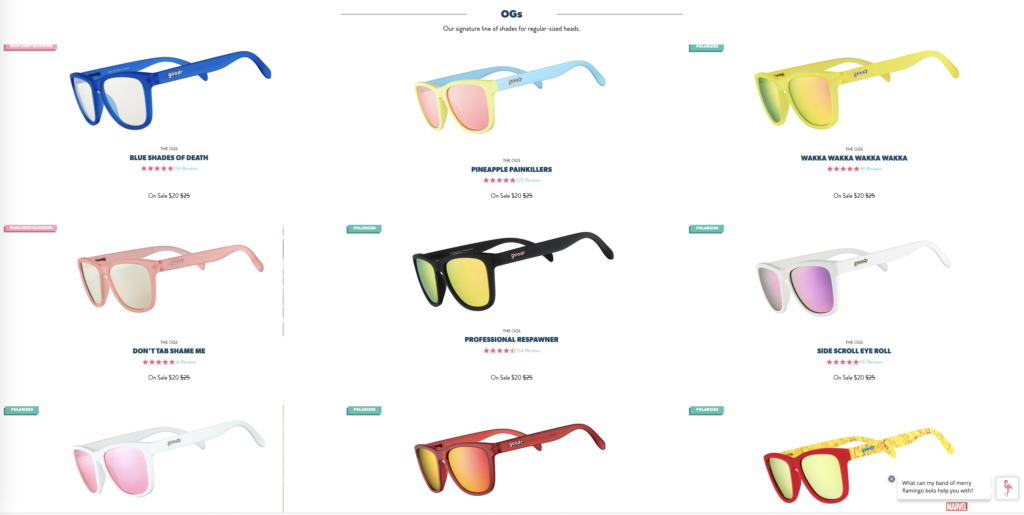Page from Goodr sunglasses website shows different models.