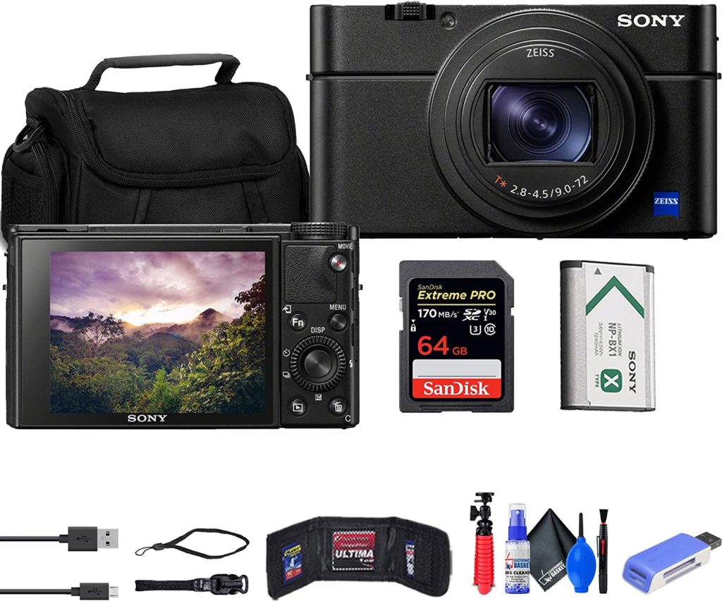A Sony RX 100 Cyber Shot camera with accessories needed for travel photos.