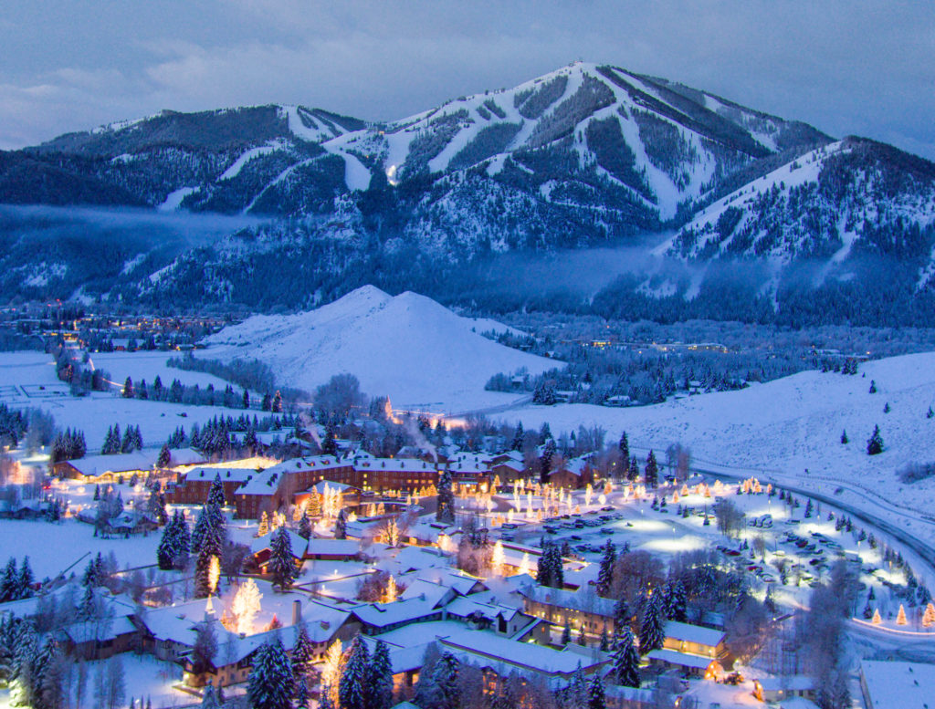 Aerial view of a snow covered Sun Valley Resort in winter central Idaho