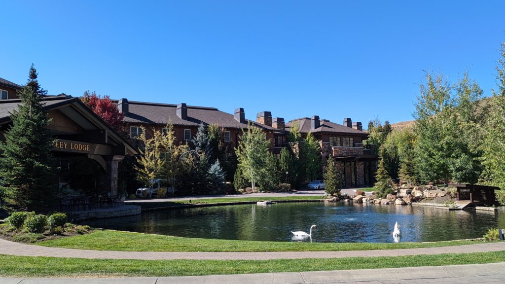 The Sun Valley Lodge, built in 1936, has been recently restored and still blends into its beautiful environment in Sun Valley, Idaho.