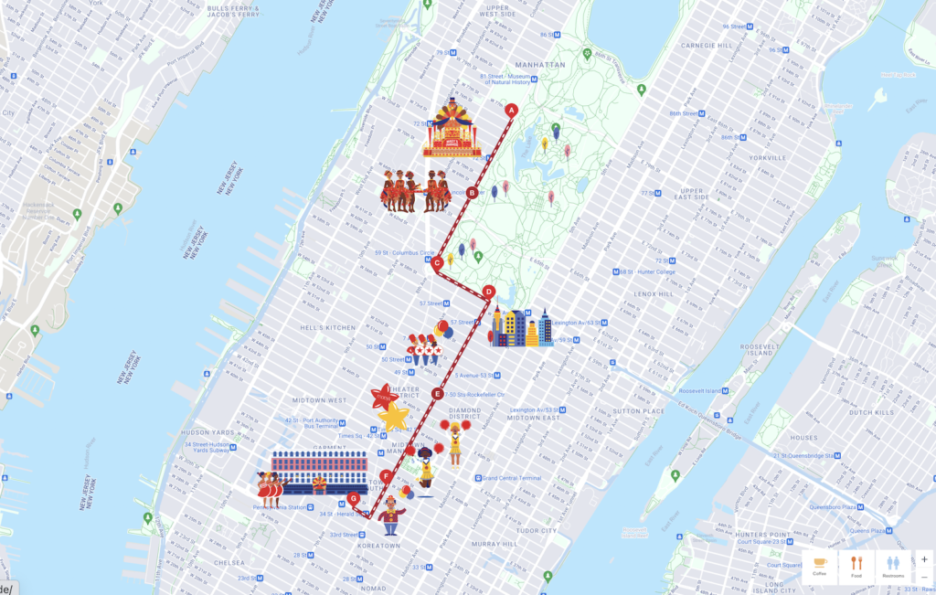 New York City map graphic with route of Macy's Thanksgiving Day Parade for 2022.