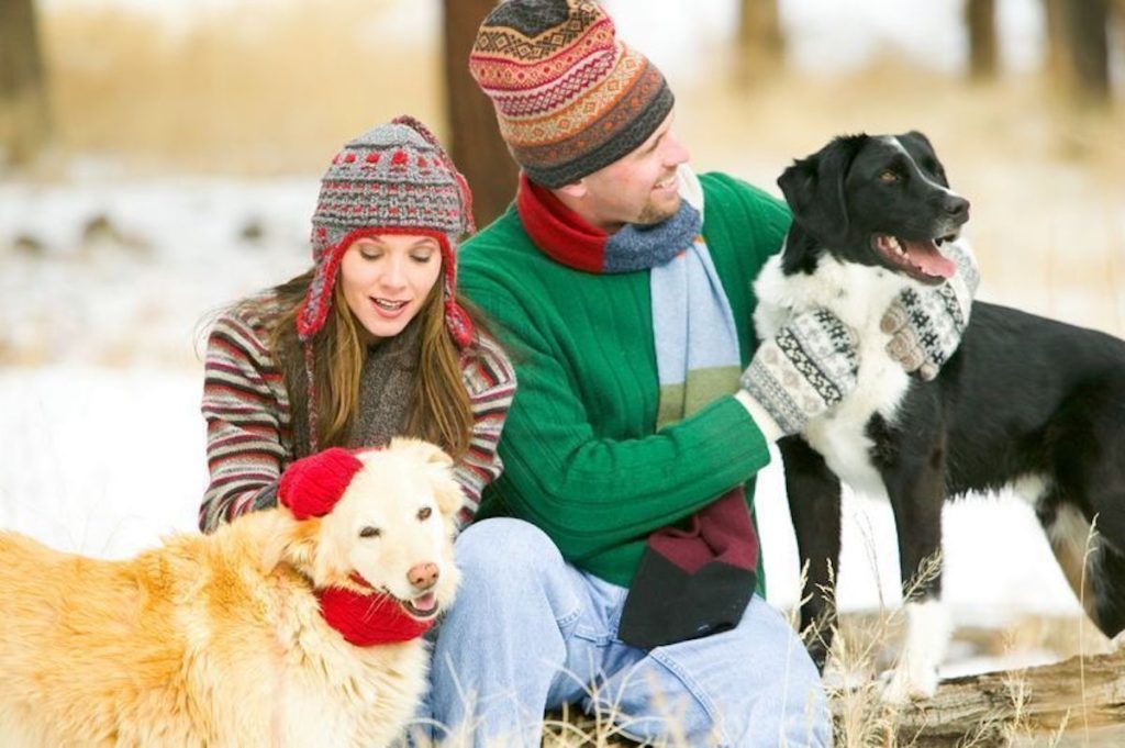 Couple with two dogs out in the snow.