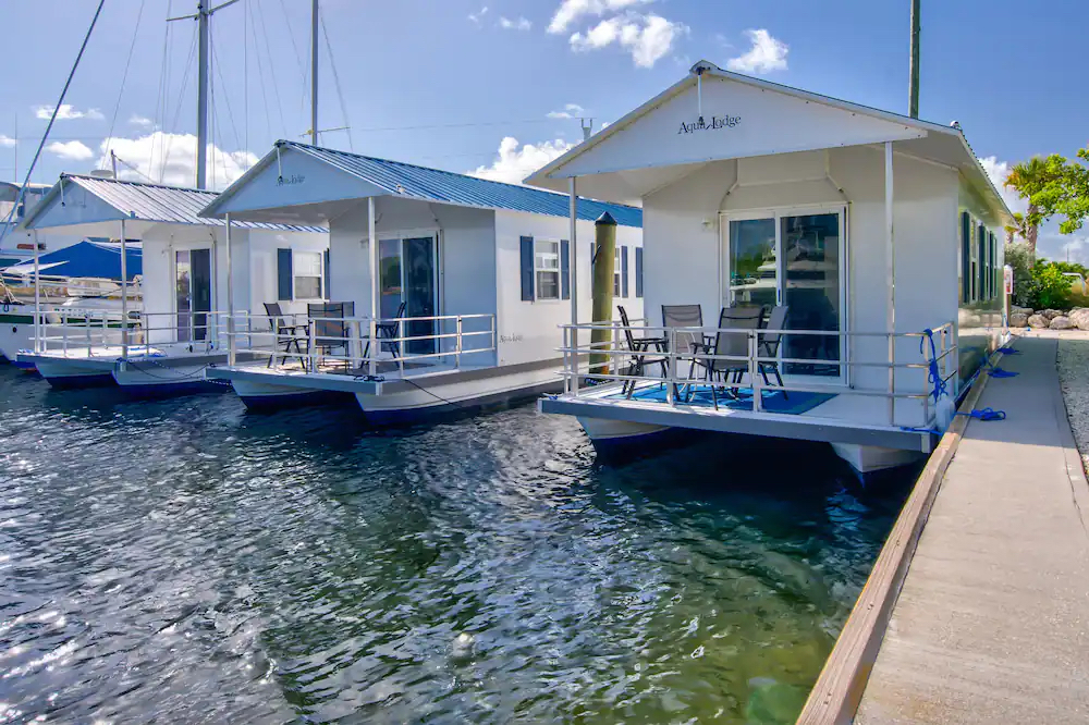 A floating Aqualodge vacation rental moored at the Coconut Cay RV park in Key West, Florida.
