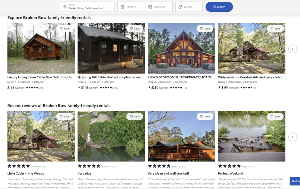 Page from VRBO of vacation rental options in Broken Bow, Oklahoma.