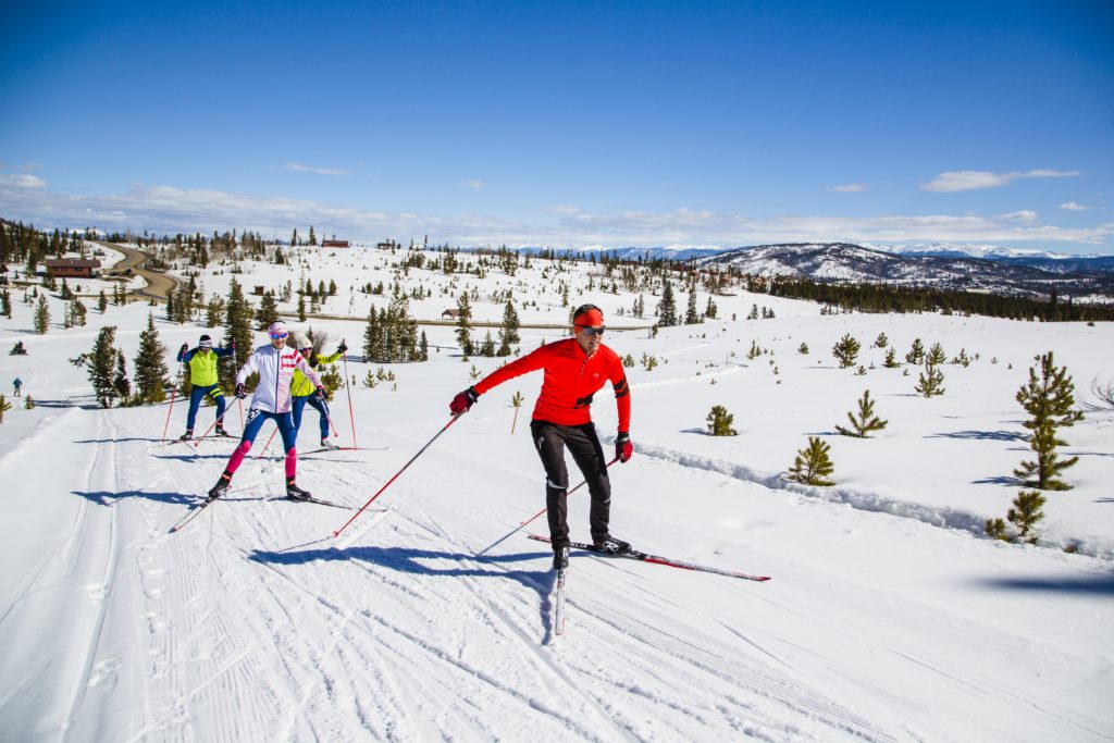 Cross country skiers outdoors in Colorado at YMCA of the Rockies Snow Mountain Ranch.