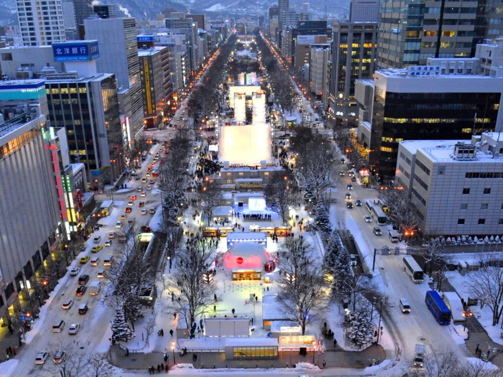 Aerial view of city of Sapporo, Japan, where the Sapporo Snow Festival took place in 2020. Photo c. Snowfest