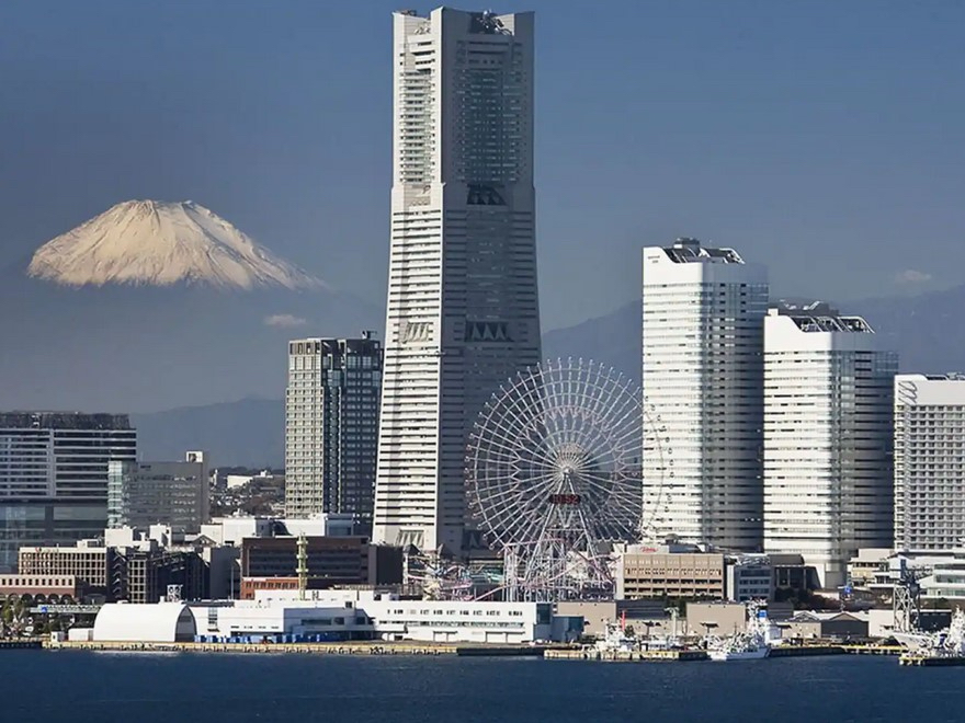 The port of Yokohama Japan with Mt. Fuji seen in the distance.