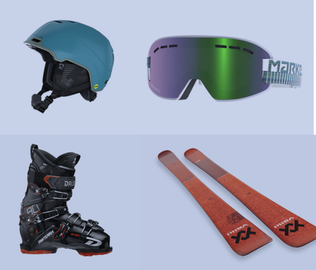 Collage of ski gear, clockwise from top: Marker Confidant helmt, Market Smooth Operator goggles, Volkl Blaze skis, Dalbello Elevate Chakra boots.