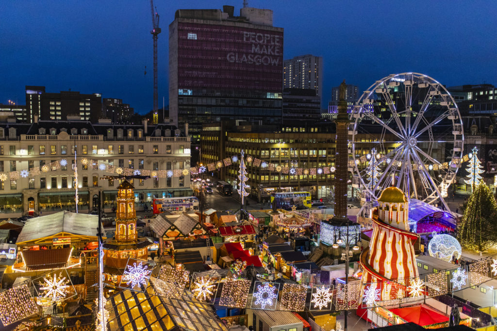 Glasgow, Scotland's George Square Christmas Market, seen from the air. Photo c.VisitBritain/Scott Salt