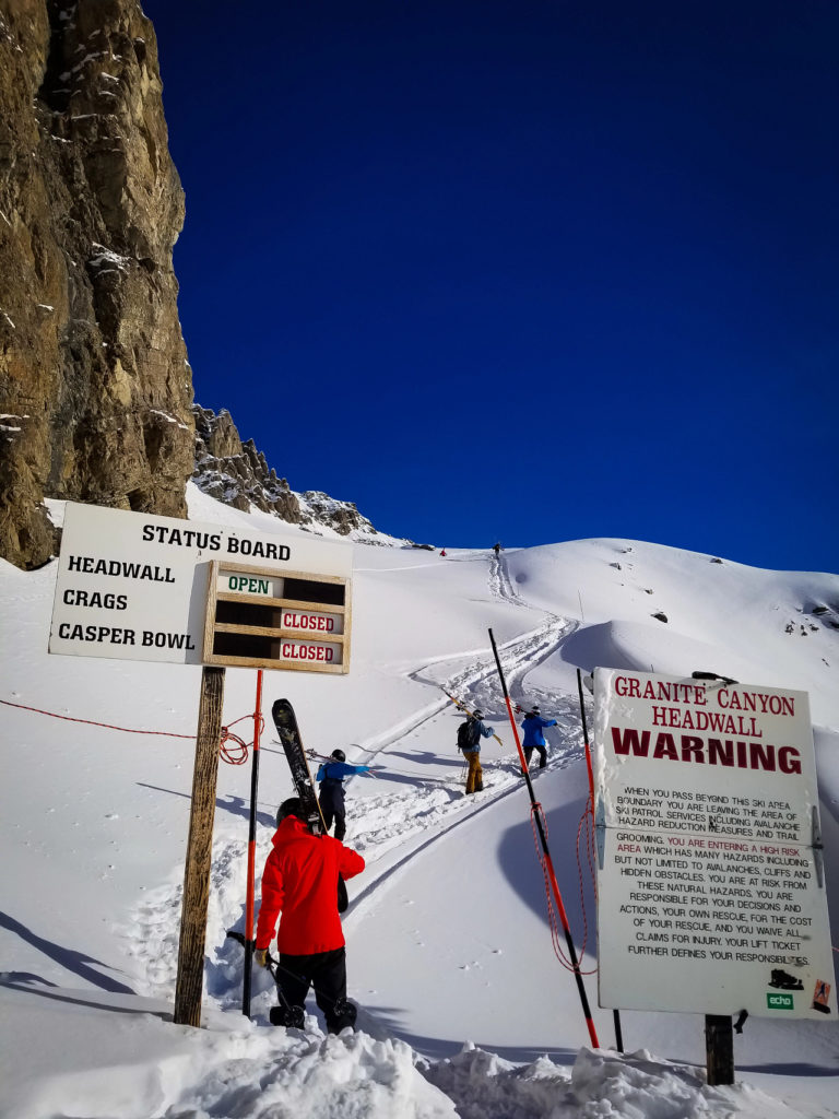Back country skiers climb up to the Granite Canyon Headwall at Jackson Hole Mountain Resort in Wyoming
