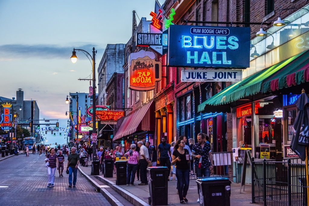 Heart of Beale Street, Memphis' music strip, at dusk. Photo by Bruce Emmerling courtesy pixabay.