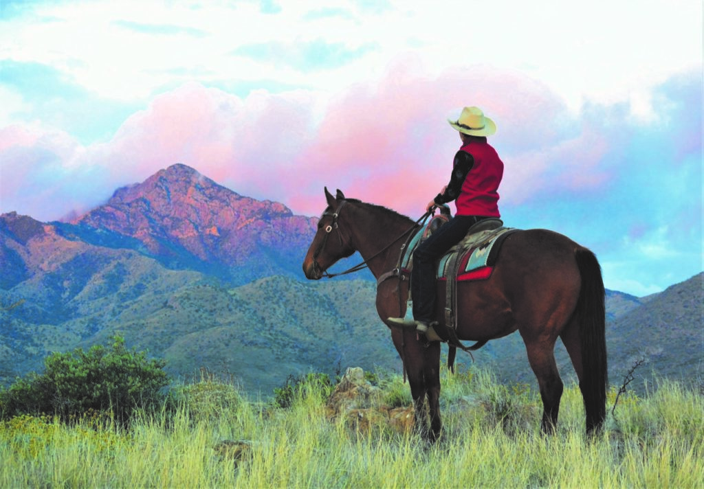 Sunrise over Elkhorn, Arizona as a woman on horseback admires the view.