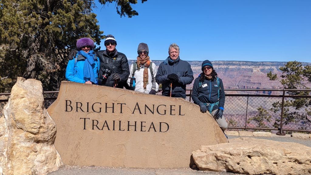 Posing at the Bright Angel Trail trailhead with our guide, Sherri O'Neill from the Grand Canyon Conservancy Field Institute.