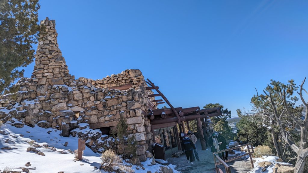 The historic Hermit's Rest cafe and shop is perched on a cliff overlooking the Canyon in Grand Canyon National Park.